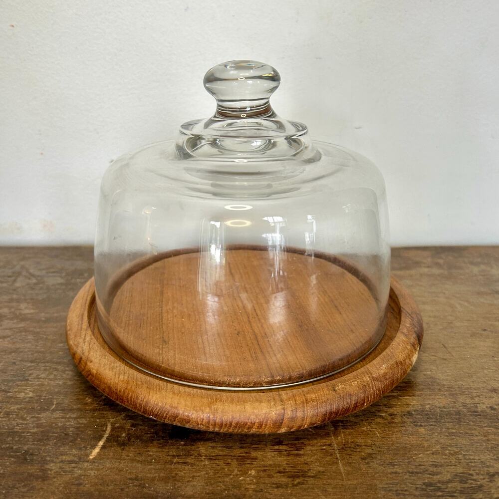 Vintage Glass Cloche and Teak Plate | Lidded Cake Cheese Dessert Dome